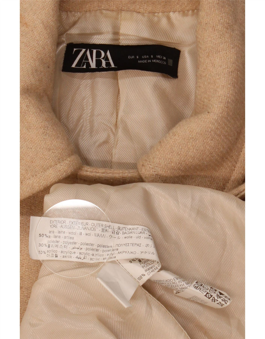 Женское двубортное пальто Zara UK 10, маленькое бежевое, с узором «в елочку», шерсть