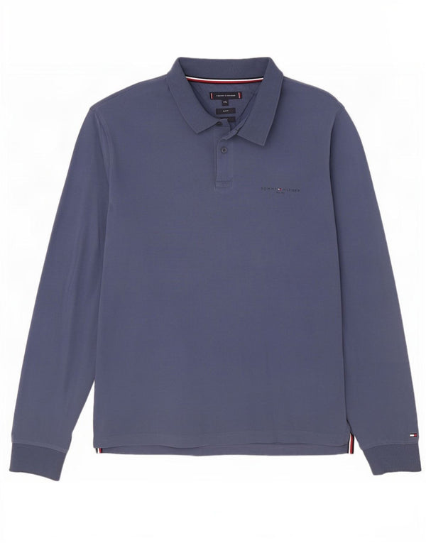 Tommy Hilfiger Мужская приталенная рубашка-поло с длинным рукавом 2XL Темно-синяя хлопковая