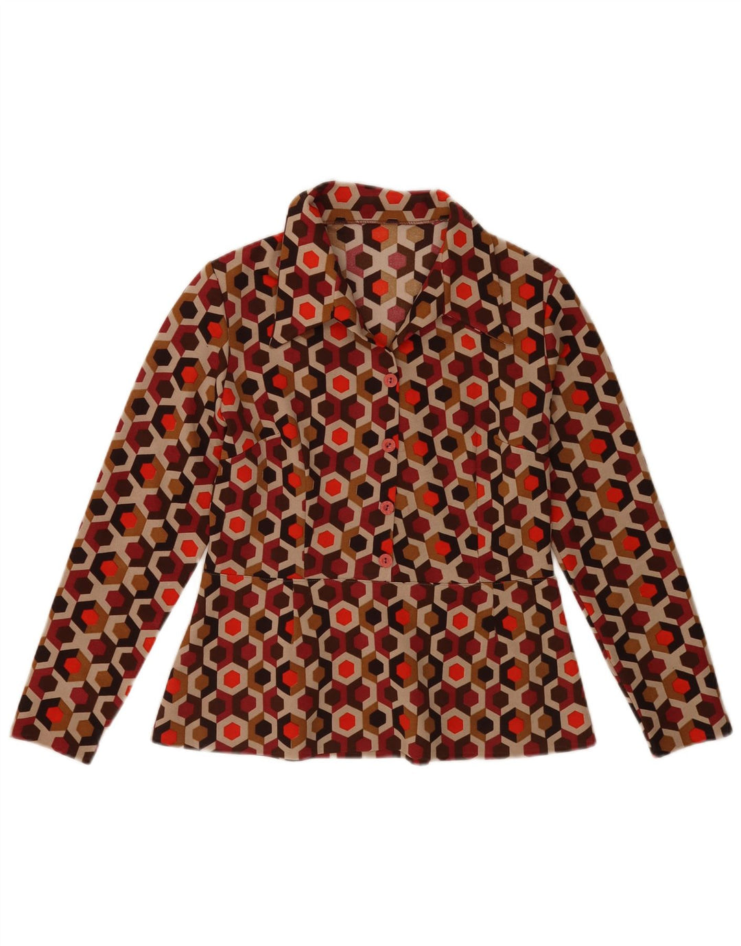 ВИНТАЖНАЯ женская блузка с длинным рукавом, топ, Великобритания, 12, средний, разноцветный, с геометрическим рисунком