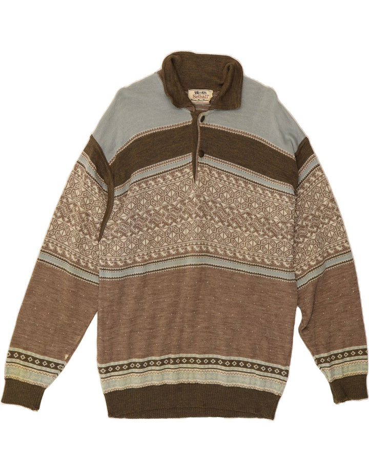 SETBALL Mens Polo Neck Jumper Sweater IT 50 Medium Brown Fair Isle Vintage Setball and Second-Hand Setball from Messina Hembry 