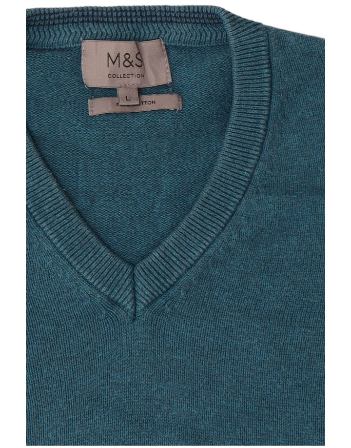 Мужской джемпер с v-образным вырезом Marks & Spencer, большой синий хлопковый свитер