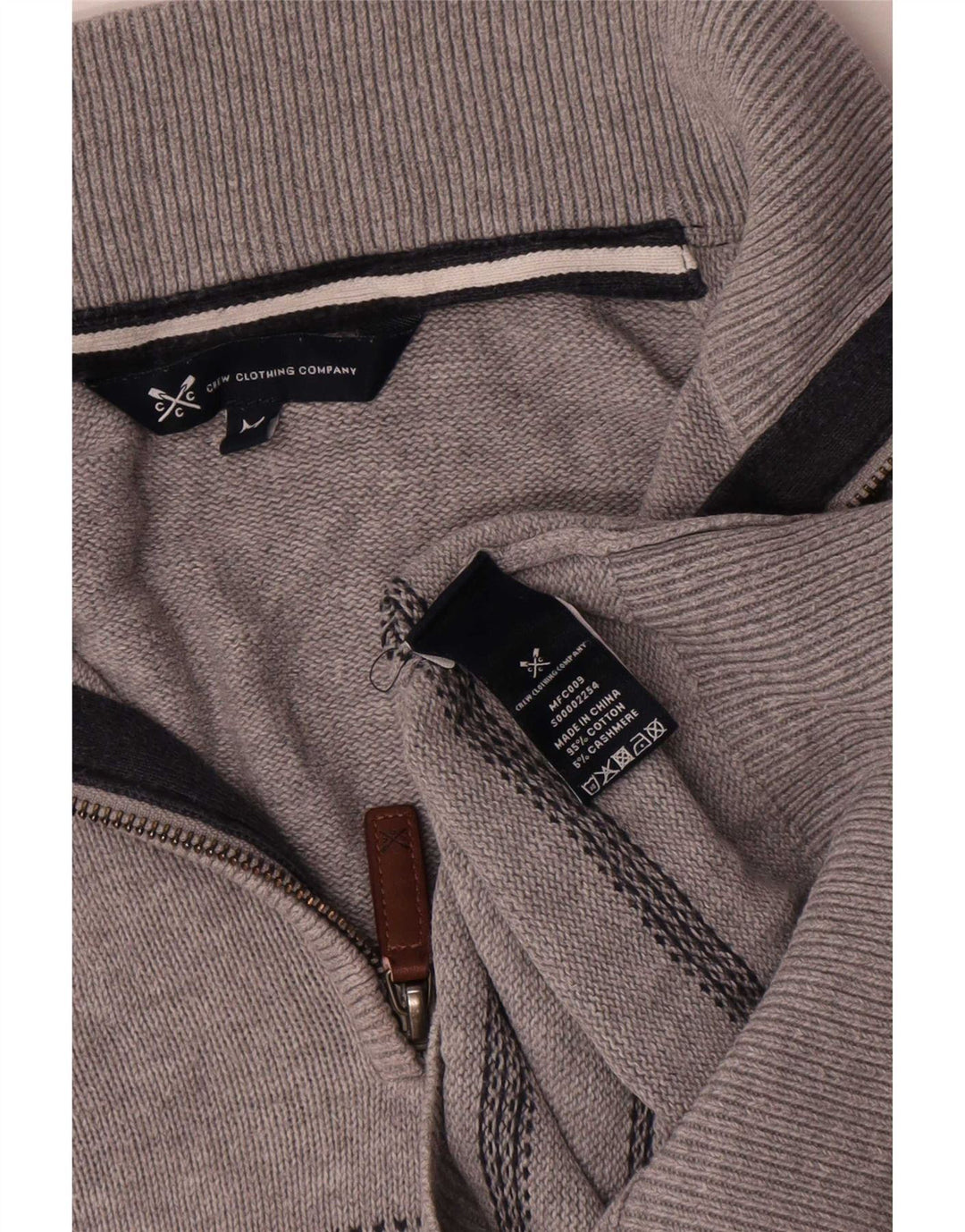 Crew Clothing Мужской джемпер с воротником на молнии, хлопковый свитер среднего серого цвета в полоску