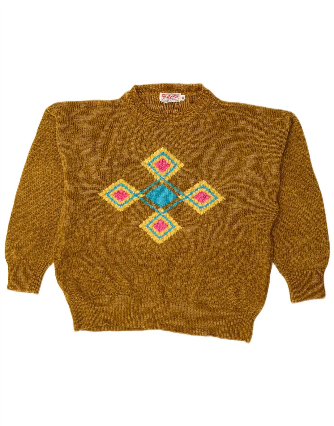 ВИНТАЖНЫЙ женский джемпер с круглым вырезом UK 14, средний хаки Argyle/Diamond