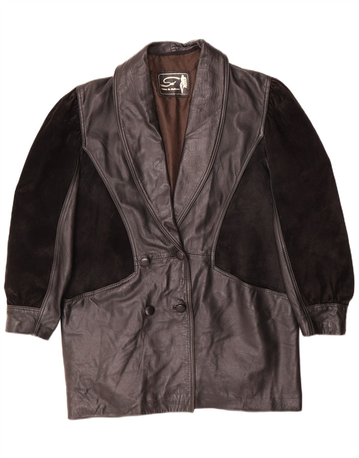 Винтажное женское кожаное пальто оверсайз UK 14, среднее черное кожаное