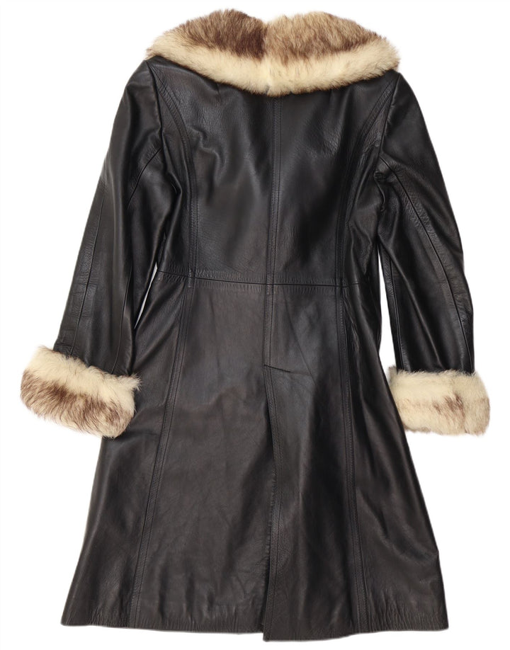 ВИНТАЖНОЕ Женское Кожаное Пальто UK 12 Среднее Черное