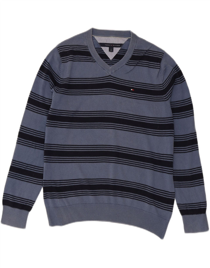 TOMMY HILFIGER Мужской джемпер с v-образным вырезом, хлопковый свитер среднего синего цвета в полоску