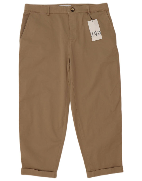 Zara Womens Straight Capri Trousers EU 44 2XL W36 L26 Beige Cotton