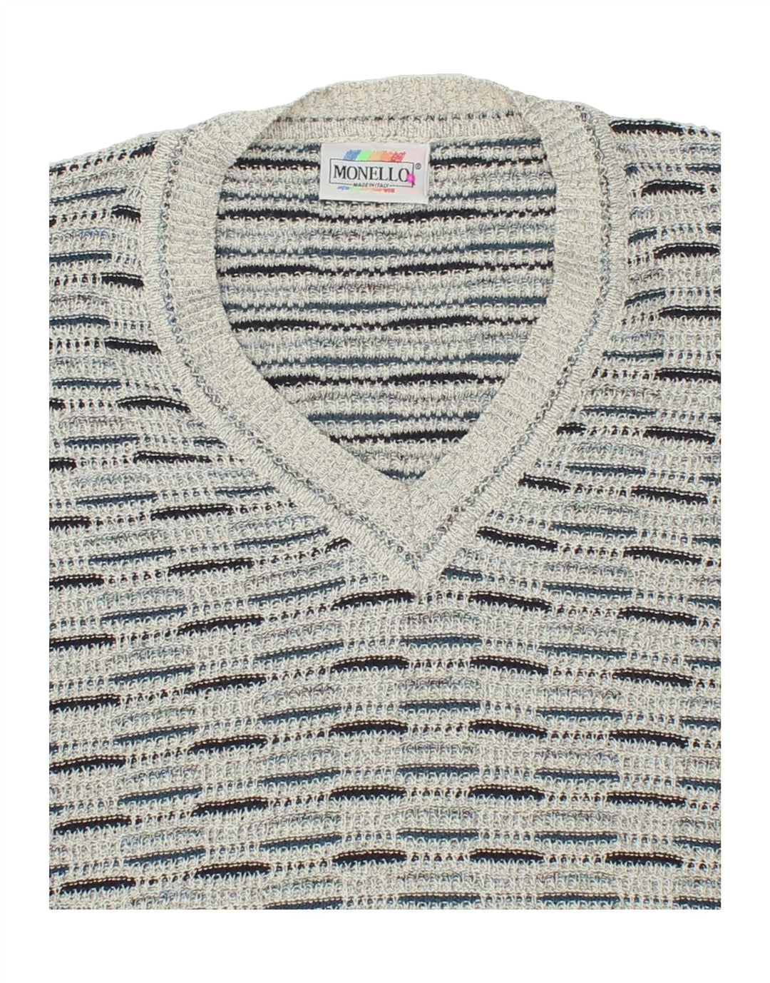 MONELLO Mens V-Neck Jumper Sweater XL Grey Striped Vintage Monello and Second-Hand Monello from Messina Hembry 