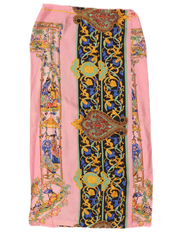 Винтажная женская прямая юбка миди W30 среднего розового цвета с пейсли