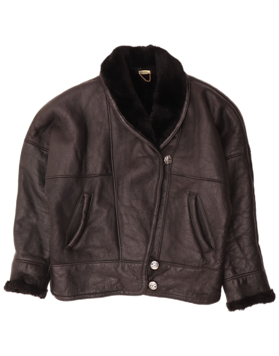 ВИНТАЖНАЯ женская дубленка оверсайз UK 18 XL, черная короткая дубленка