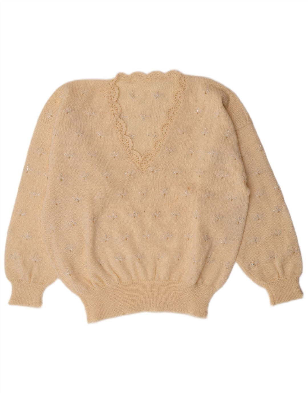 ВИНТАЖНЫЙ женский джемпер с v-образным вырезом, Великобритания 14, средний с белым цветочным принтом