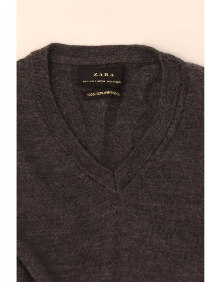 Мужской джемпер с v-образным вырезом Zara, маленький серый шерстяной свитер