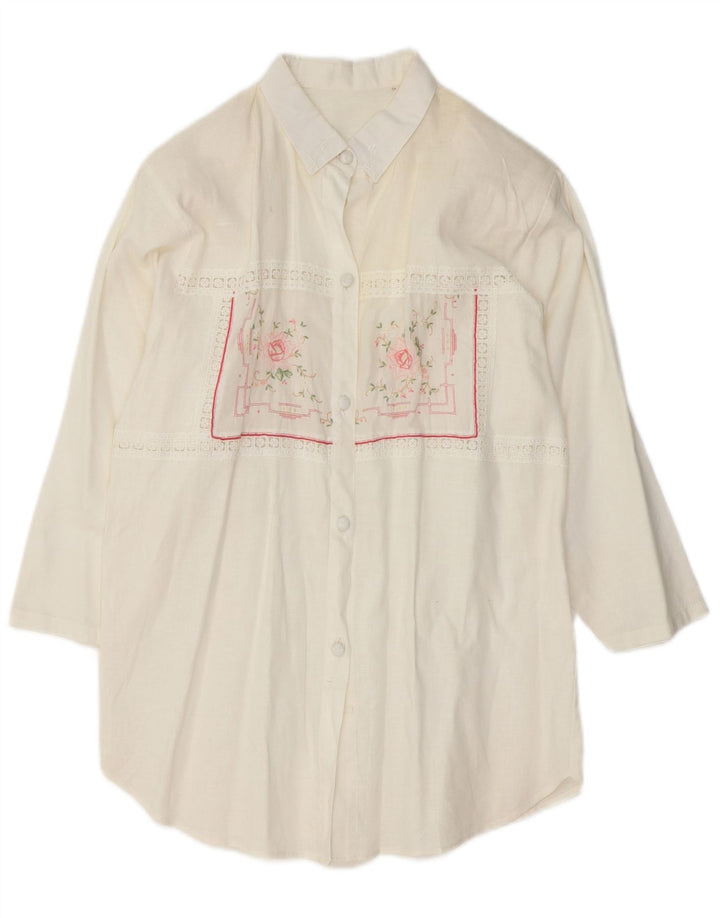 ВИНТАЖНАЯ Женская блузка-рубашка с рукавом 3/4, Великобритания 14, средний белый цветочный принт