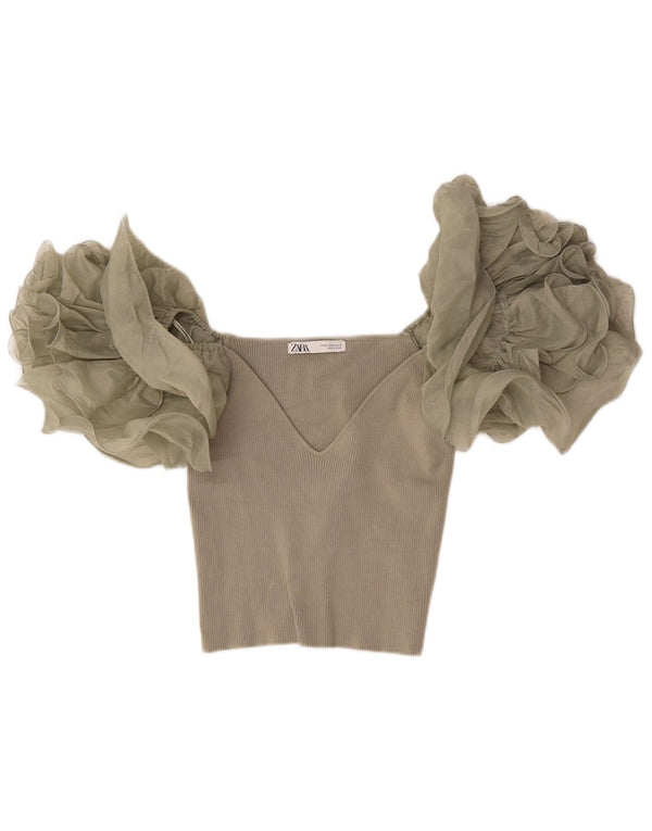 Zara Женская укороченная блузка Top UK 12 Medium Beige Viscose