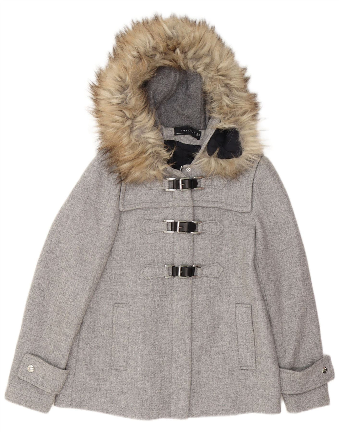 Женская большая дафлкот с капюшоном Zara UK 6 XS, серая шерсть