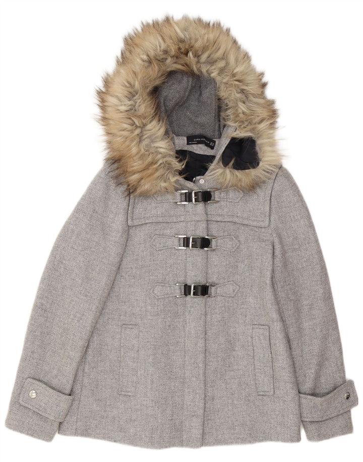 Женская большая дафлкот с капюшоном Zara UK 6 XS, серая шерсть