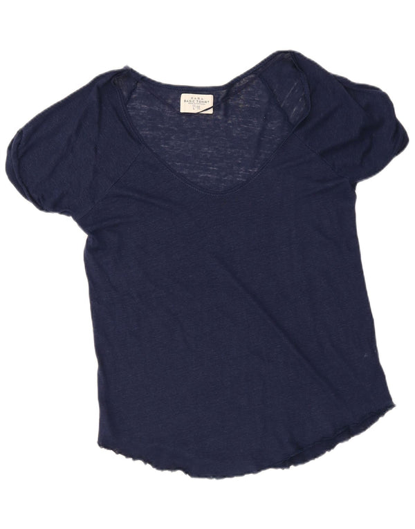 Женская футболка Zara Top UK 16, большая, темно-синяя, льняная