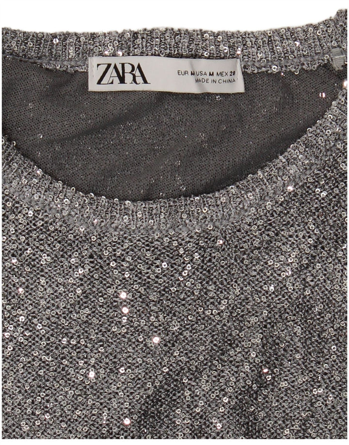 Женский джемпер с круглым вырезом Zara UK 12, средний серебристый в крапинку