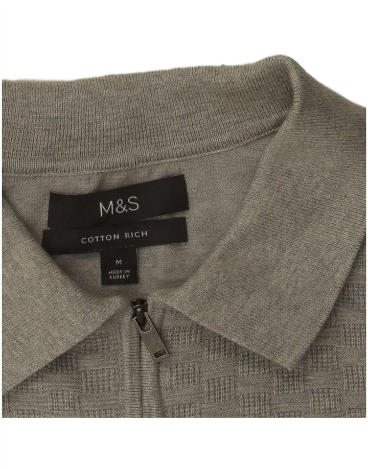 Мужской джемпер с воротником-поло Marks & Spencer, хлопковый свитер среднего серого цвета с геометрическим рисунком