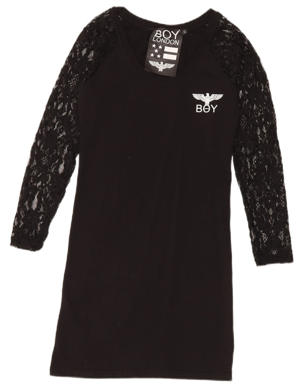 Женское кружевное платье-футболка с длинным рукавом Boy London UK 6 XS, черное с цветочным принтом
