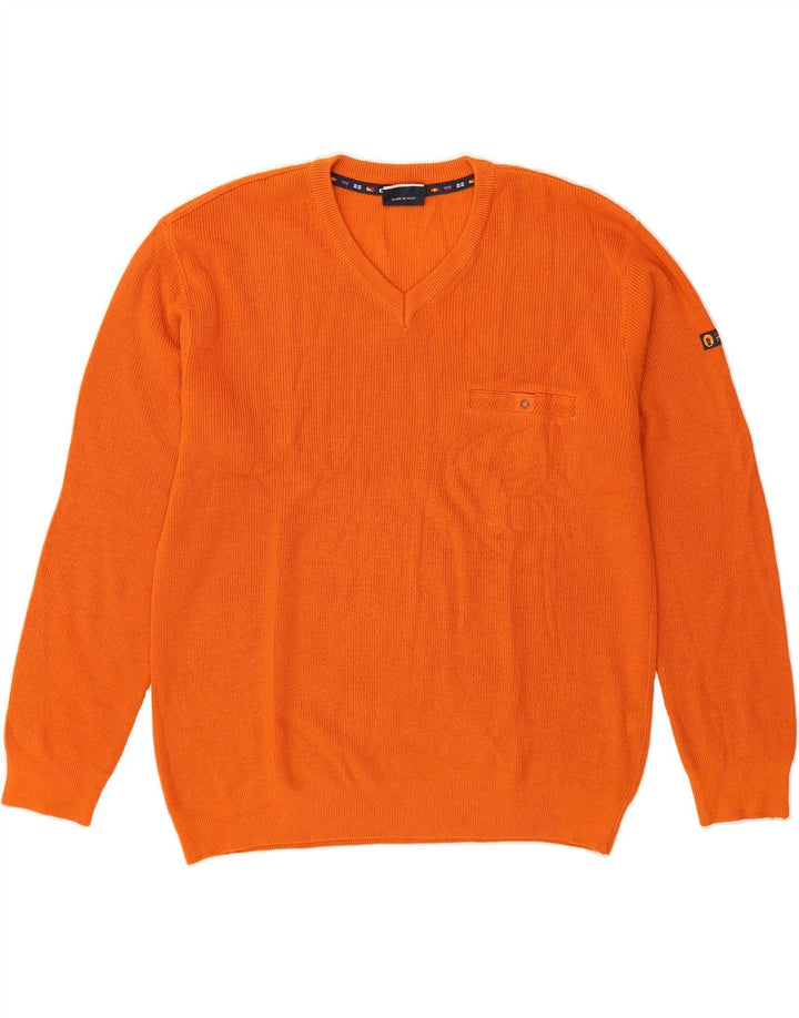 VINTAGE Mens V-Neck Jumper Sweater IT 52 Large Orange Wool Vintage Vintage and Second-Hand Vintage from Messina Hembry 