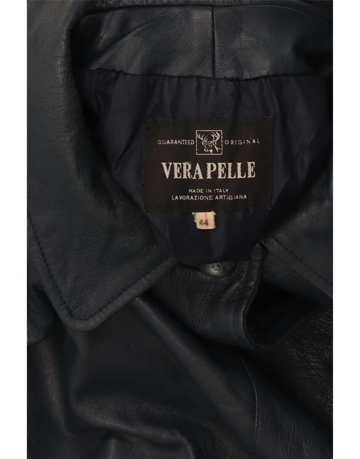Винтажное женское кожаное пальто оверсайз IT 44 Medium Navy Blue