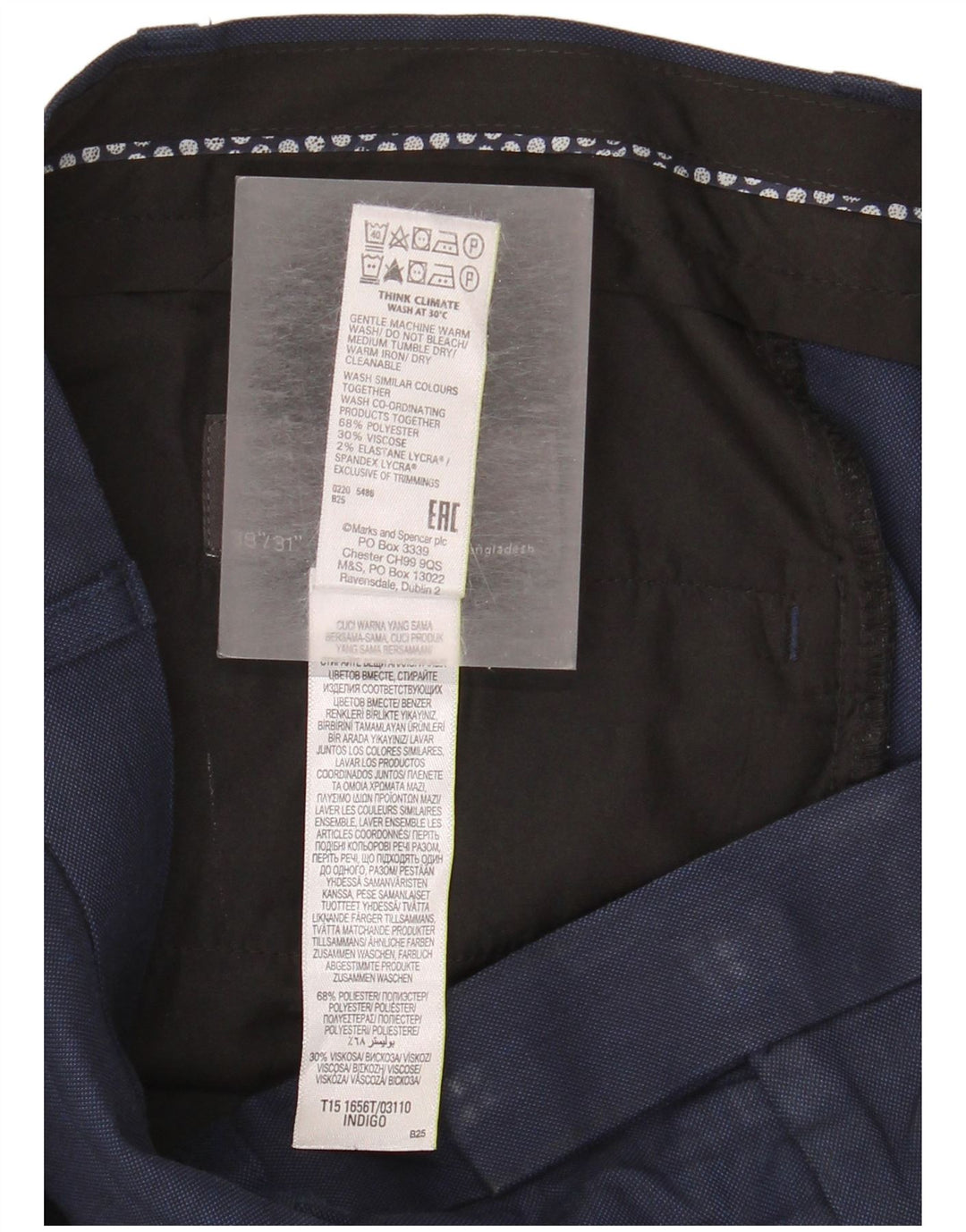 Мужские прямые костюмные брюки Marks & Spencer W38 L31 темно-синие из полиэстера