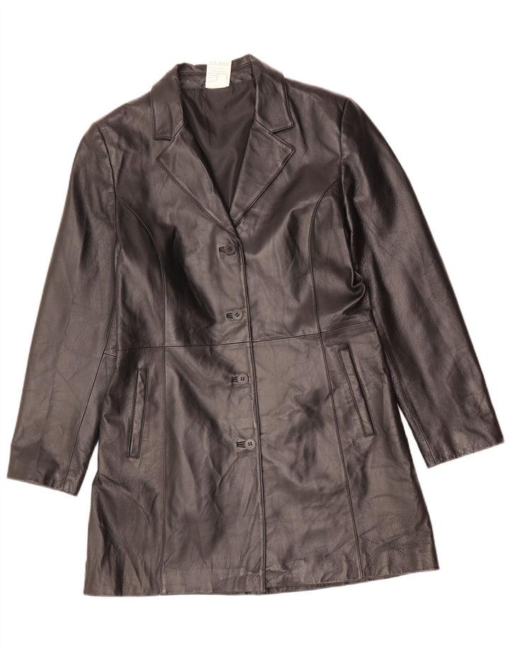 Винтажное женское кожаное пальто UK 14, большое черное полиэстер