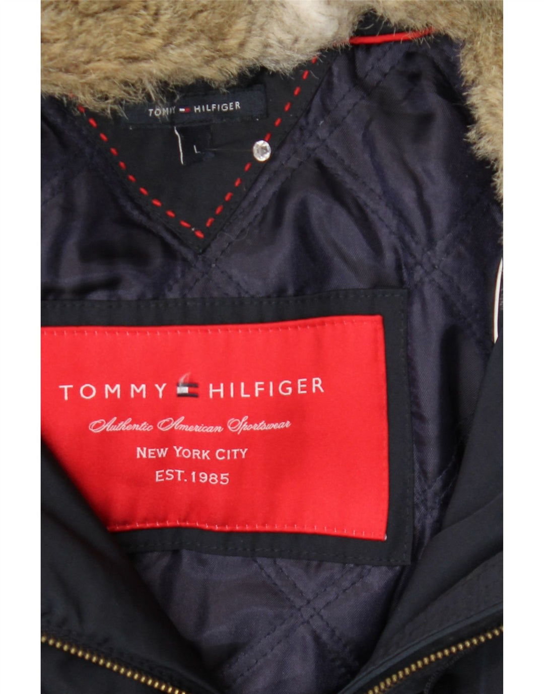 TOMMY HILFIGER Womens Hooded Padded Coat UK 16 Large Navy Blue Polyester Vintage Tommy Hilfiger and Second-Hand Tommy Hilfiger from Messina Hembry 