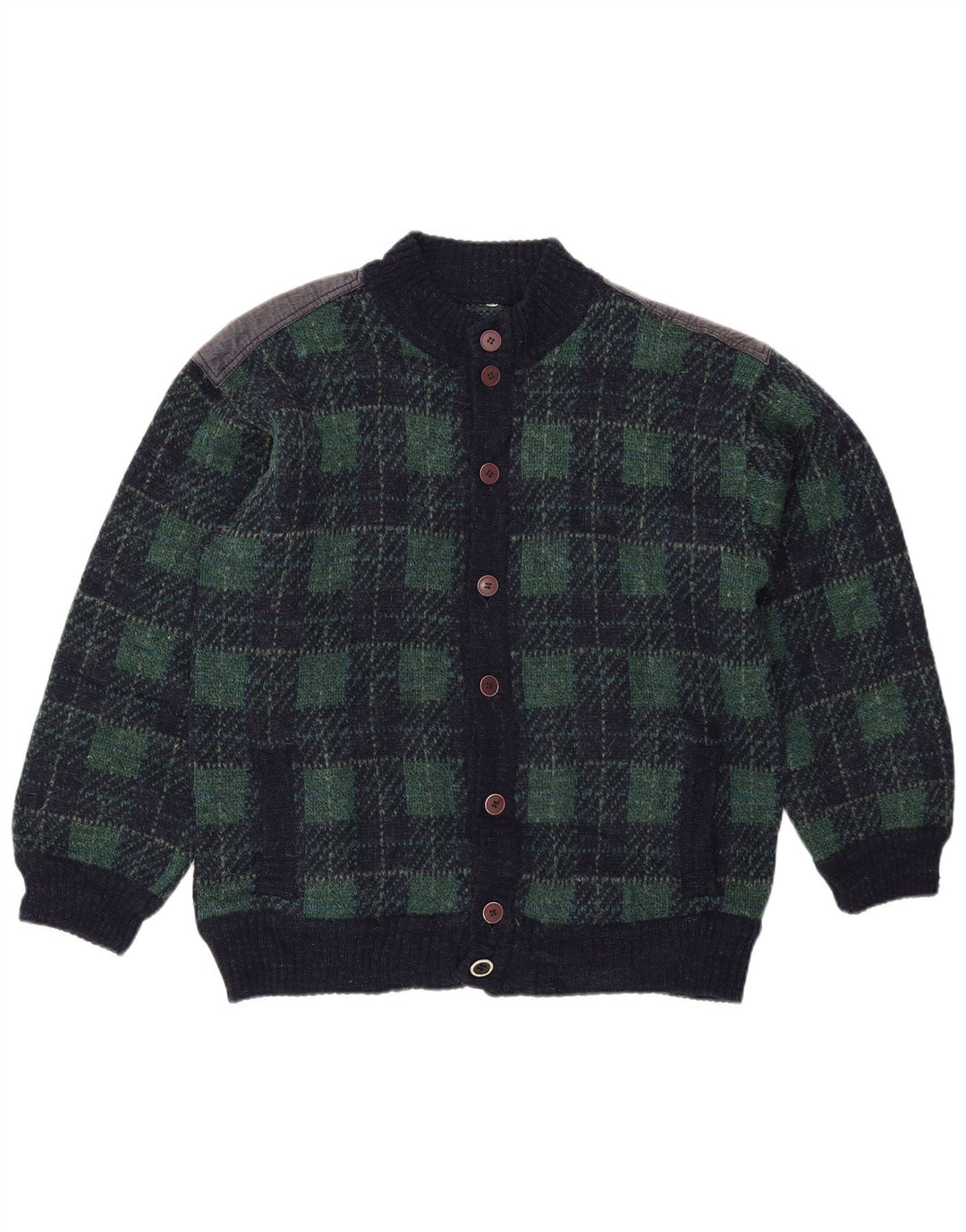 Винтажный мужской свитер-кардиган IT 54 XL темно-синий в клетку, шерсть