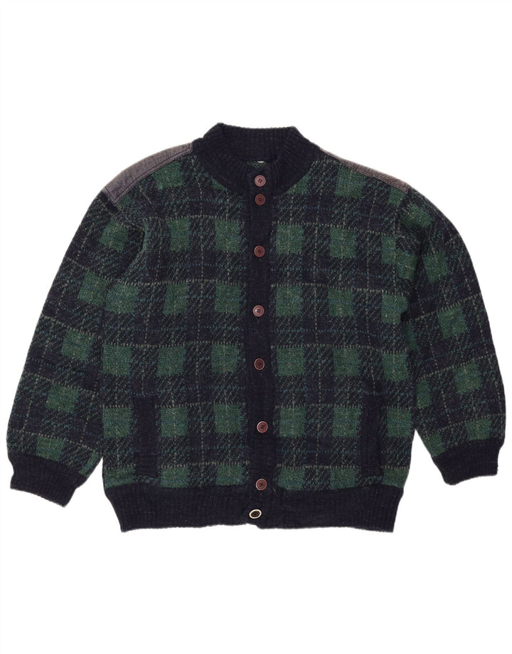 Винтажный мужской свитер-кардиган IT 54 XL темно-синий в клетку, шерсть