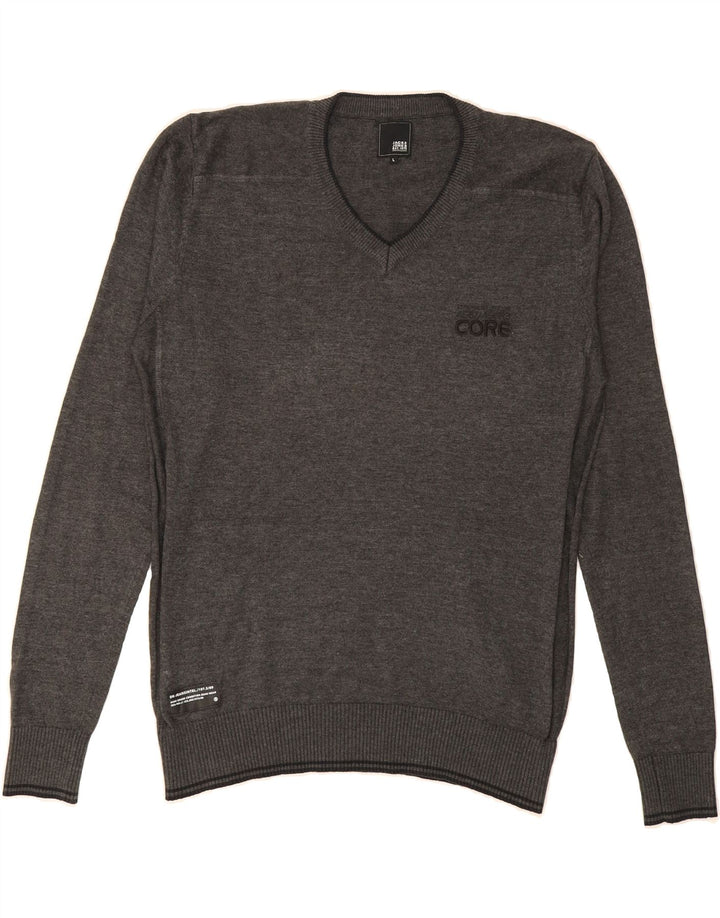 JACK & JONES Mens Core V-Neck Jumper Sweater Large Grey Cotton Vintage Jack & Jones and Second-Hand Jack & Jones from Messina Hembry 