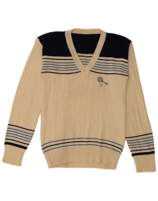 Винтажный женский джемпер с v-образным вырезом, Великобритания, 8, маленький, в белую полоску