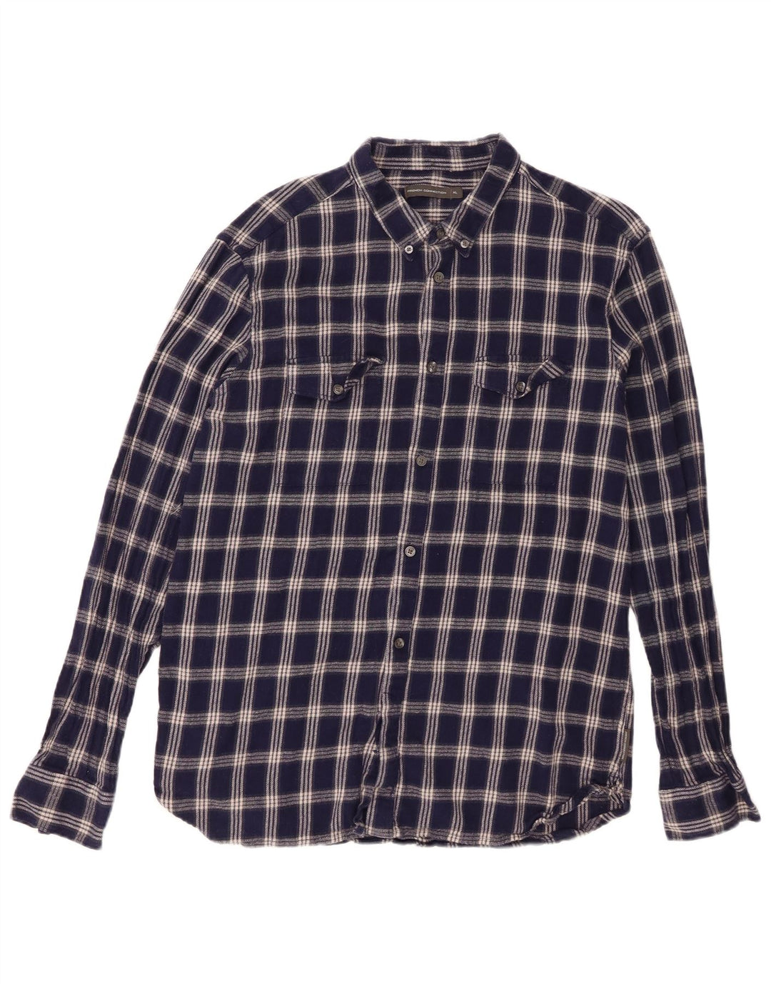 FRENCH CONNECTION Mens Flannel Shirt XL Navy Blue Check Cotton