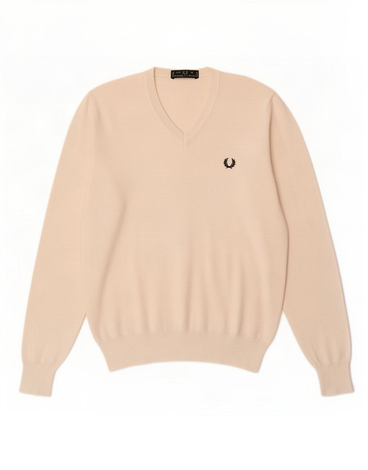 Мужской джемпер с v-образным вырезом Fred Perry, маленький белый хлопковый свитер