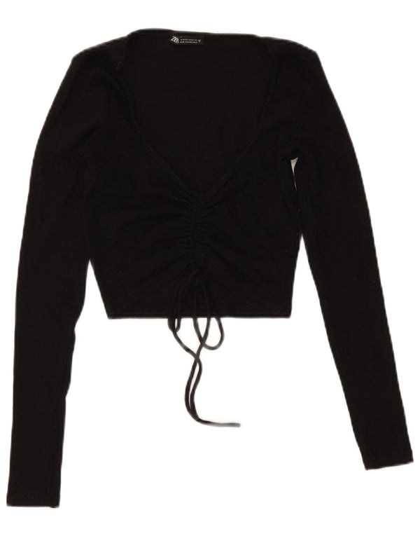 Женский укороченный топ с завязкой спереди Zara UK 12, средний черный хлопок, с длинными рукавами