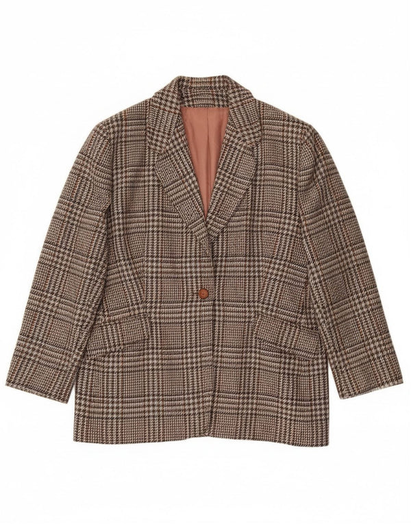 Винтажный женский пиджак на 1 пуговице, Великобритания, 20, 2XL, коричневая шерсть в клетку