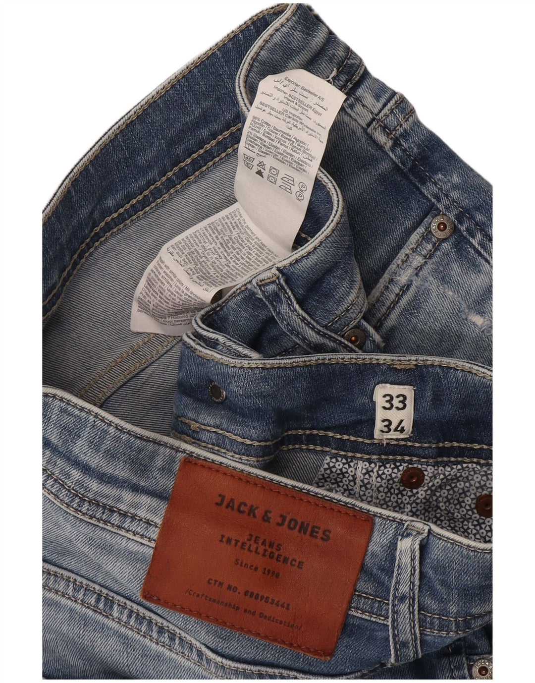 Мужские потертые узкие джинсы Jack & Jones W33 L34, синий хлопок