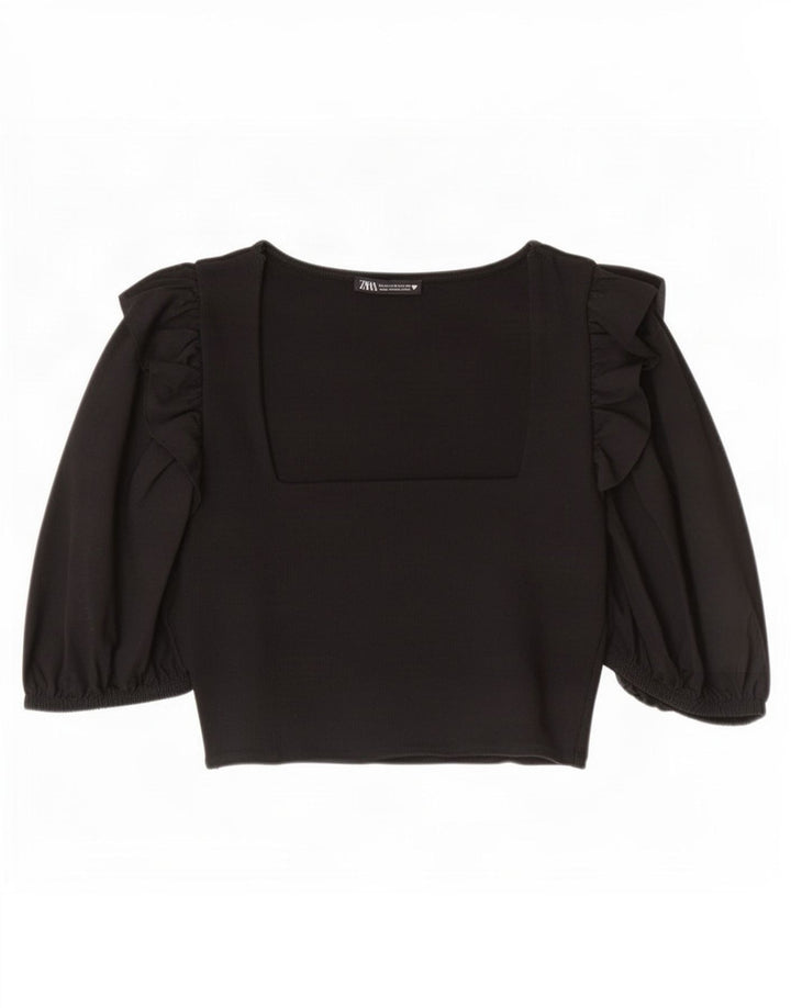 Женский укороченный топ с рукавом 3/4 Zara UK 12, средний черный хлопок, черный