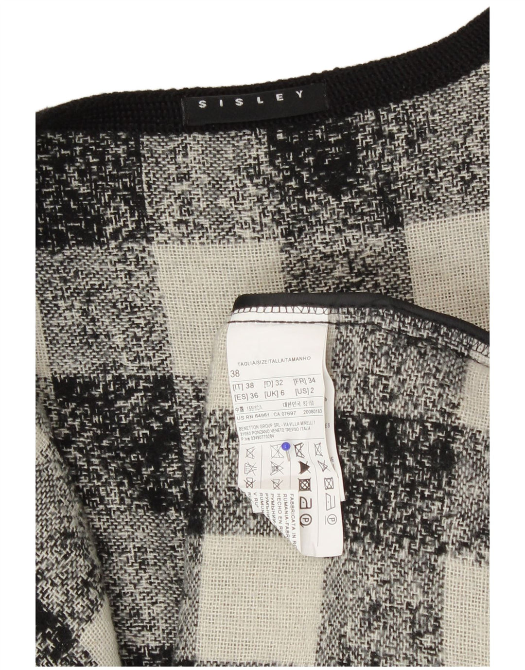 Женский пиджак оверсайз Sisley UK 6 XS, черный, акрил в мелкую клетку