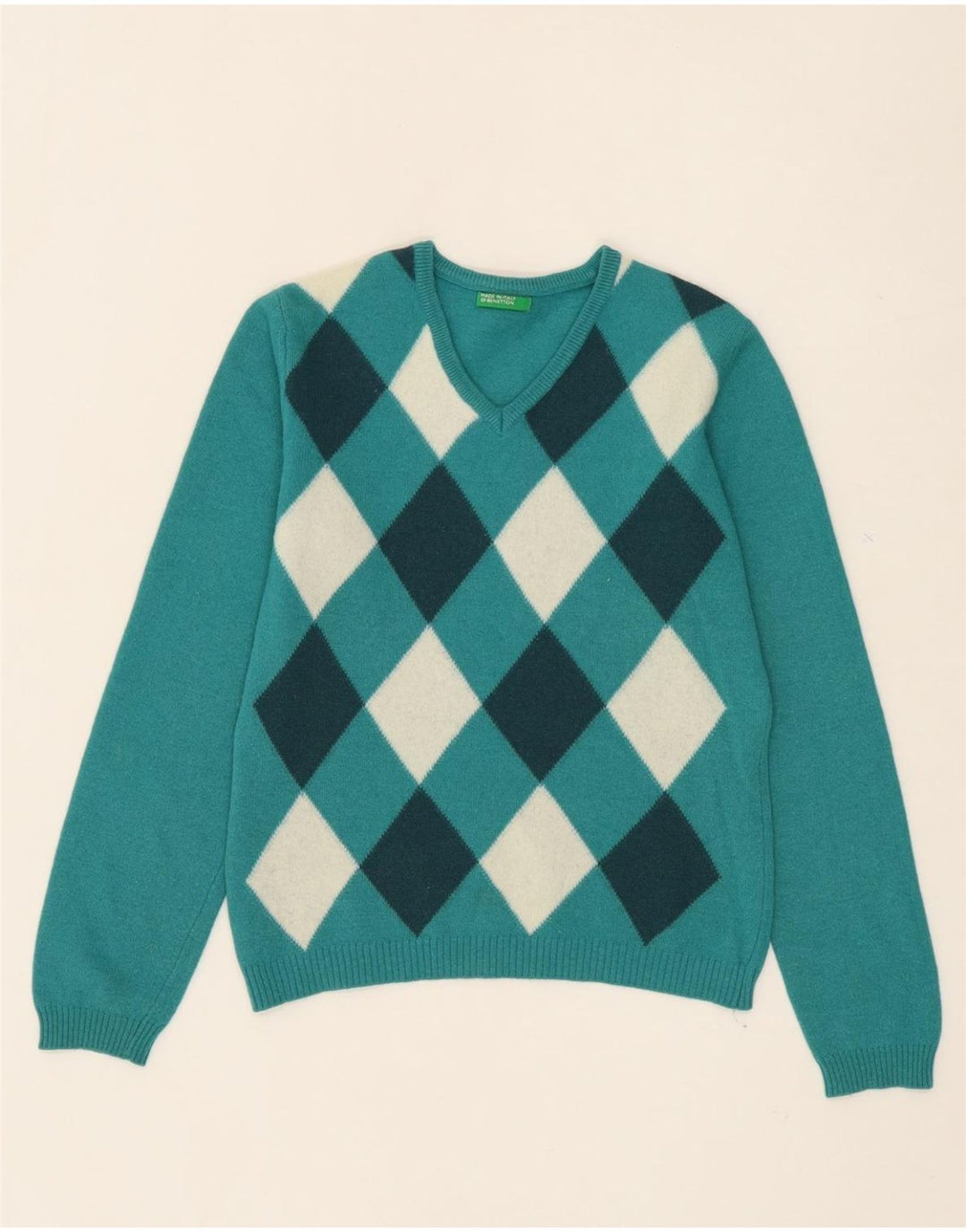 BENETTON Womens V-Neck Jumper Sweater UK 12 Medium Turquoise Vintage Benetton and Second-Hand Benetton from Messina Hembry 