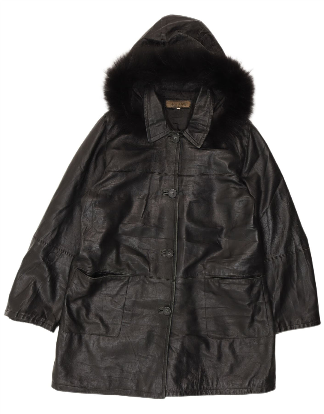 Винтажное женское кожаное пальто с капюшоном IT 50 XL, черное кожаное