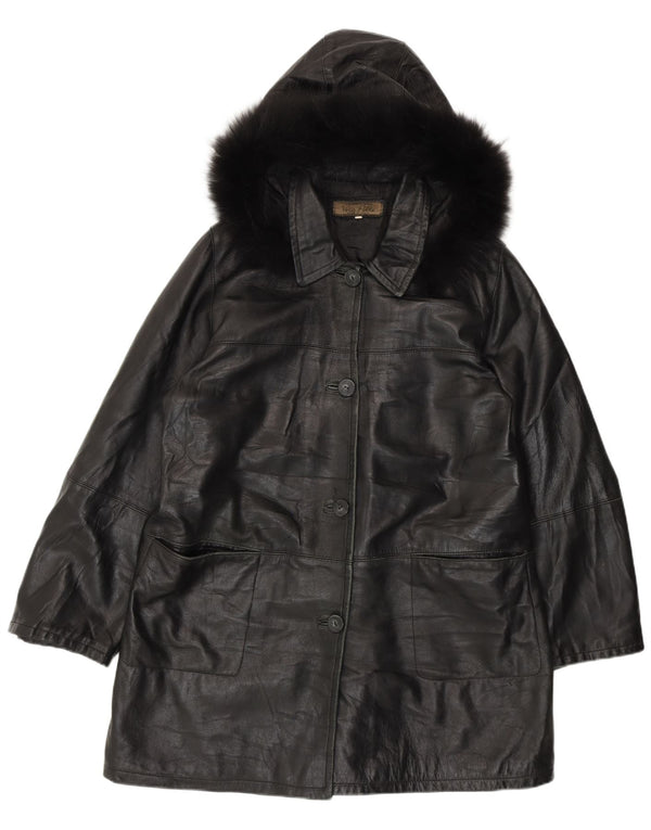 Vintage Womens Hooded Leather Coat IT 50 XL Black Leather