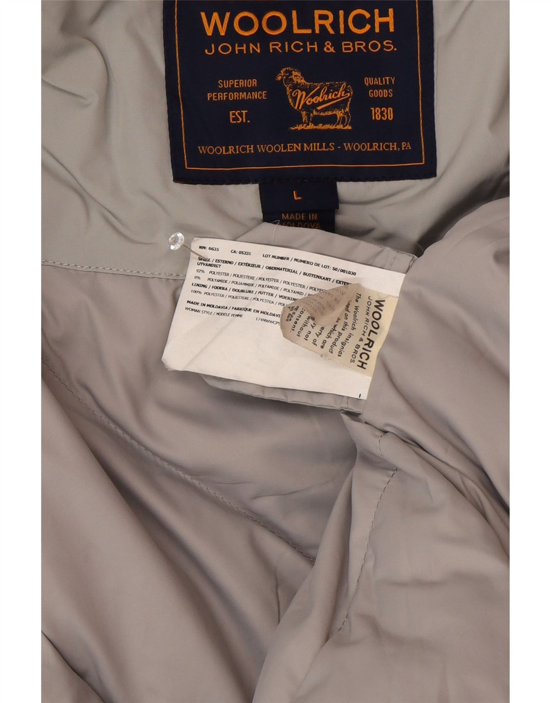 Женская парка Woolrich с капюшоном, Великобритания 16, большая серая зимняя из полиэстера