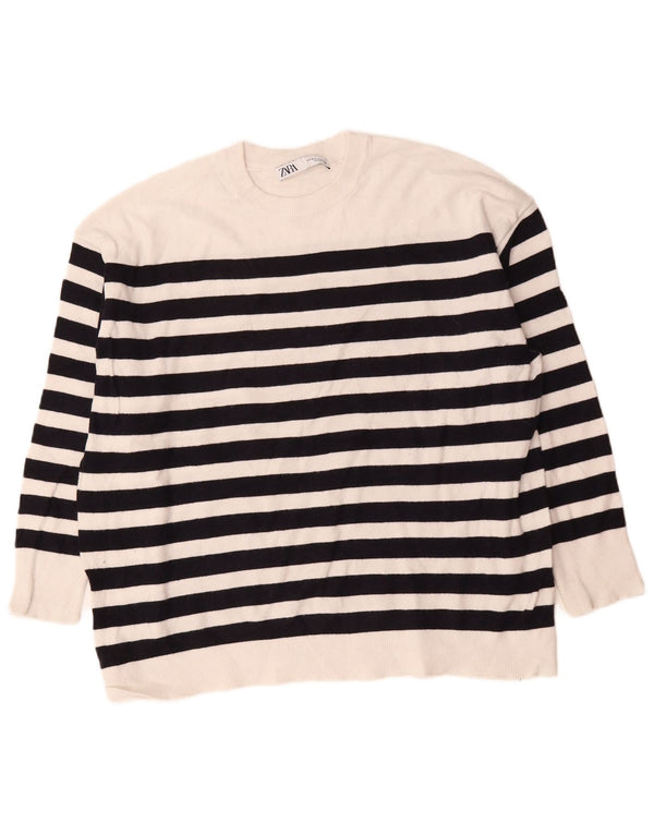 Zara Womens Oversized Crew Neck Jumper Sweater UK 14 Medium White Striped