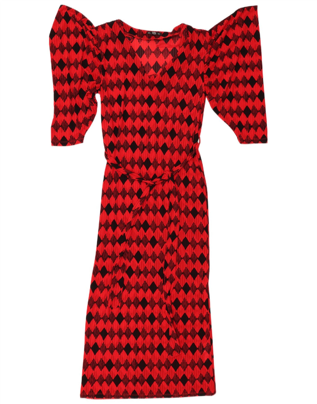 Женское платье макси с короткими рукавами ZARA UK 12, средний красный, с узором ромб/ромб, нейлон