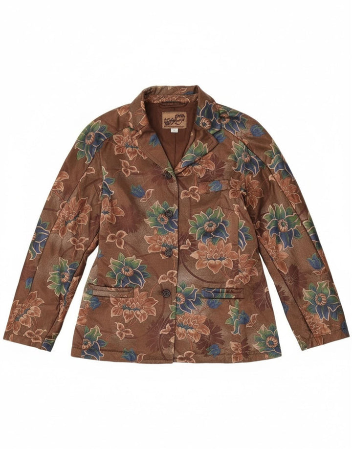Винтажный женский пиджак на 4 пуговицах, Великобритания 14, средний коричневый цвет с цветочным принтом