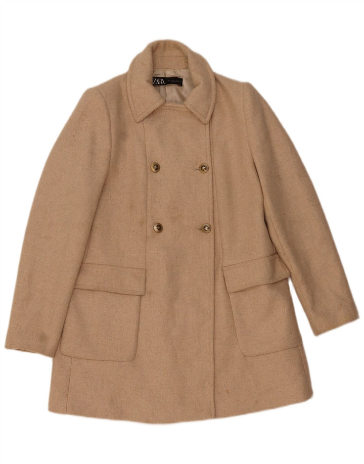 Женское двубортное пальто Zara UK 10, маленькое бежевое, с узором «в елочку», шерсть