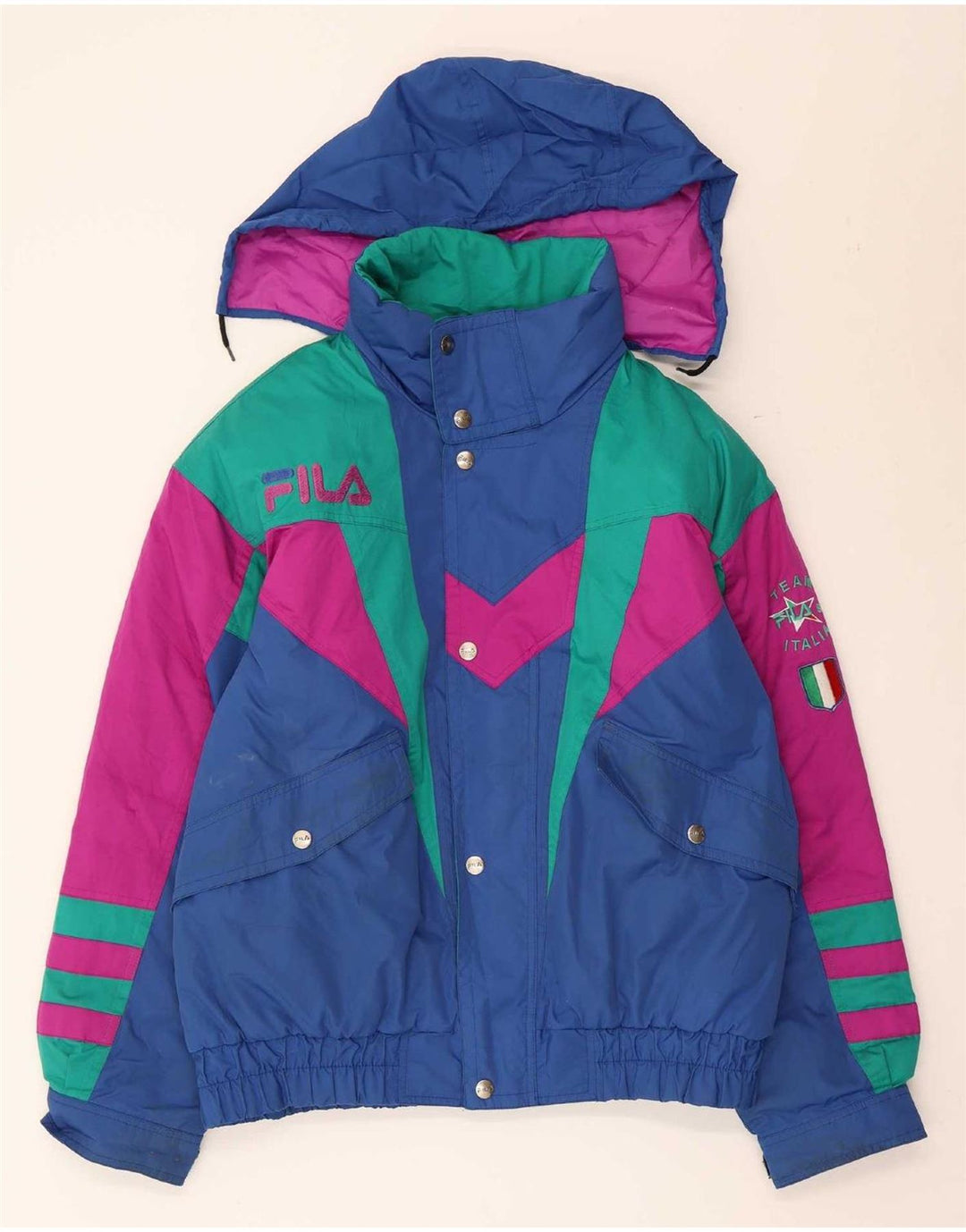 Мужская лыжная куртка Fila с капюшоном с графическим рисунком UK 40, средний синий полиэстер с цветными блоками