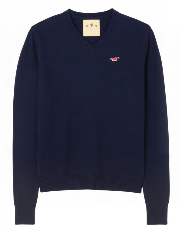 Мужской джемпер с v-образным вырезом Hollister, большой темно-синий хлопковый свитер